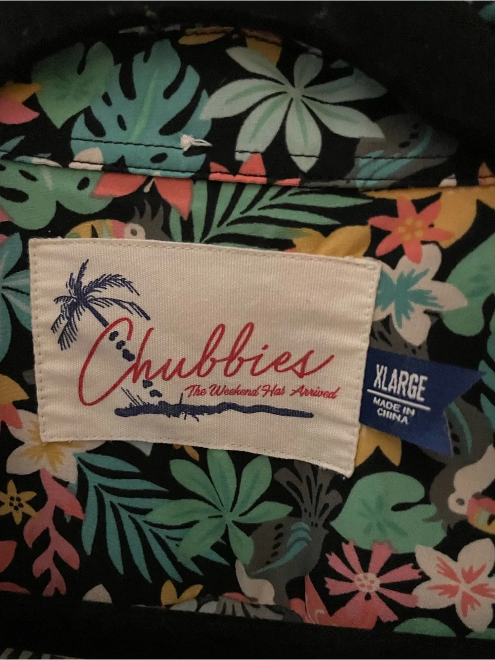 chubbies Black Floral Button-Down Shirt with Green, Pink, Yellow Accents
